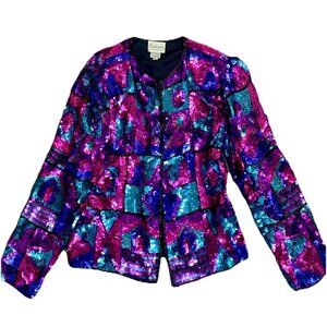 Vintage 80s Sequined Beaded Open Front Dressy Evening Jacket S Purple Teal